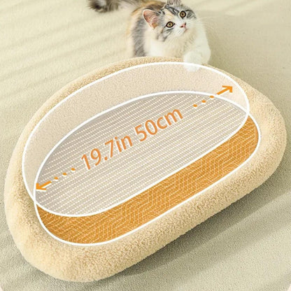 Cat lying on a beige pet bed / scatch mat with dimensions indicating 19.7 inches / 50cm