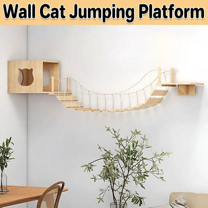 Wall-Mounted Wooden Cat Climbing Set with Bridge & Hideout
