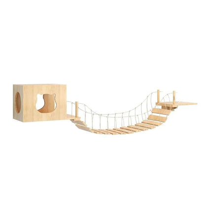 Wall-Mounted Wooden Cat Climbing Set with Bridge & Hideout