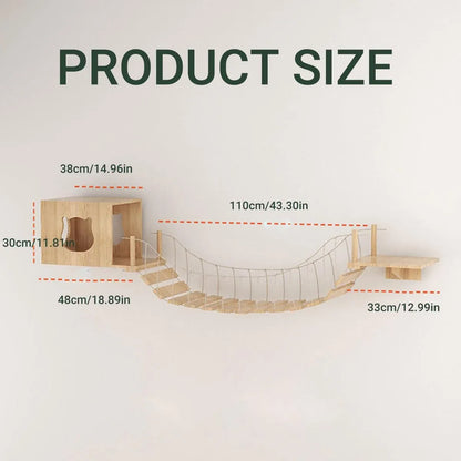 Wall-Mounted Wooden Cat Climbing Set with Bridge & Hideout