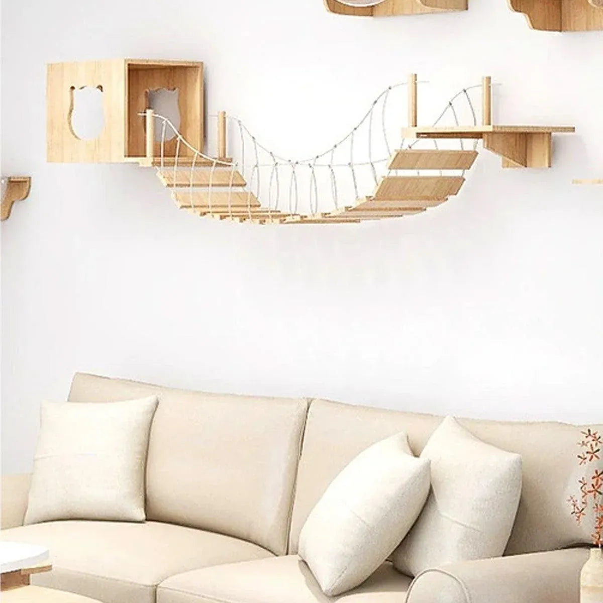 Wall-Mounted Wooden Cat Climbing Set with Bridge & Hideout