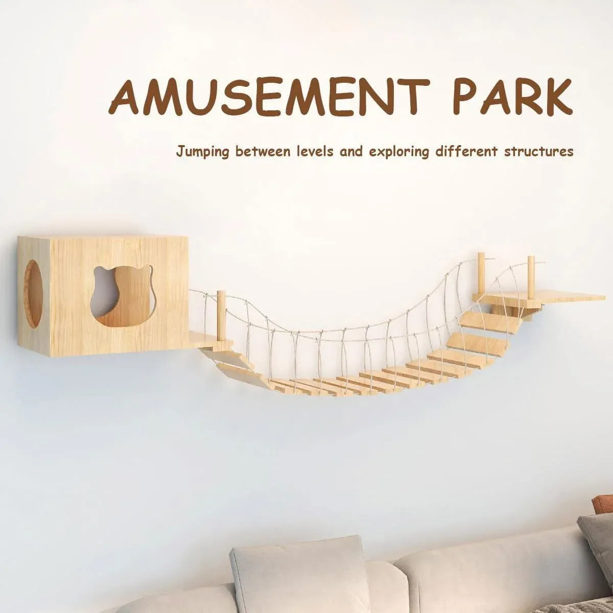 Wall-Mounted Wooden Cat Climbing Set with Bridge & Hideout