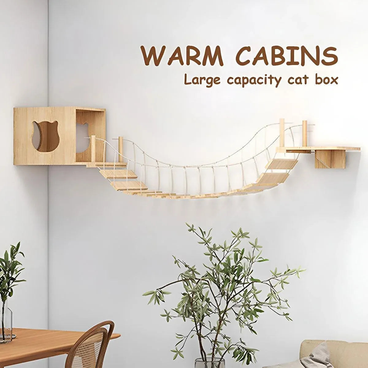 Wall-Mounted Wooden Cat Climbing Set with Bridge & Hideout