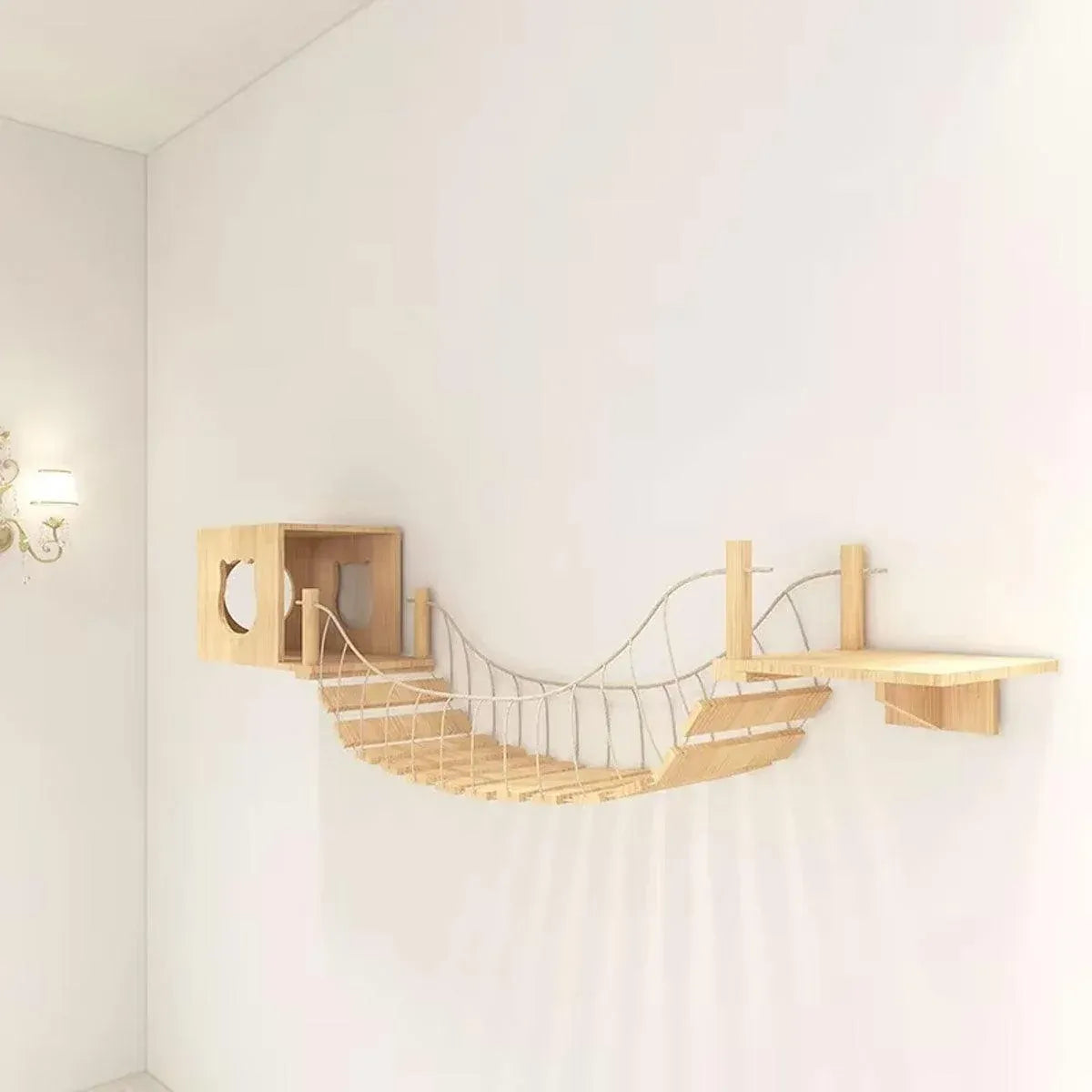 Wall-Mounted Wooden Cat Climbing Set with Bridge & Hideout