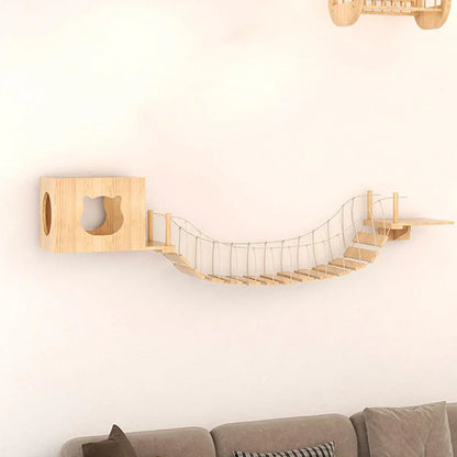 Wall-Mounted Wooden Cat Climbing Set with Bridge & Hideout