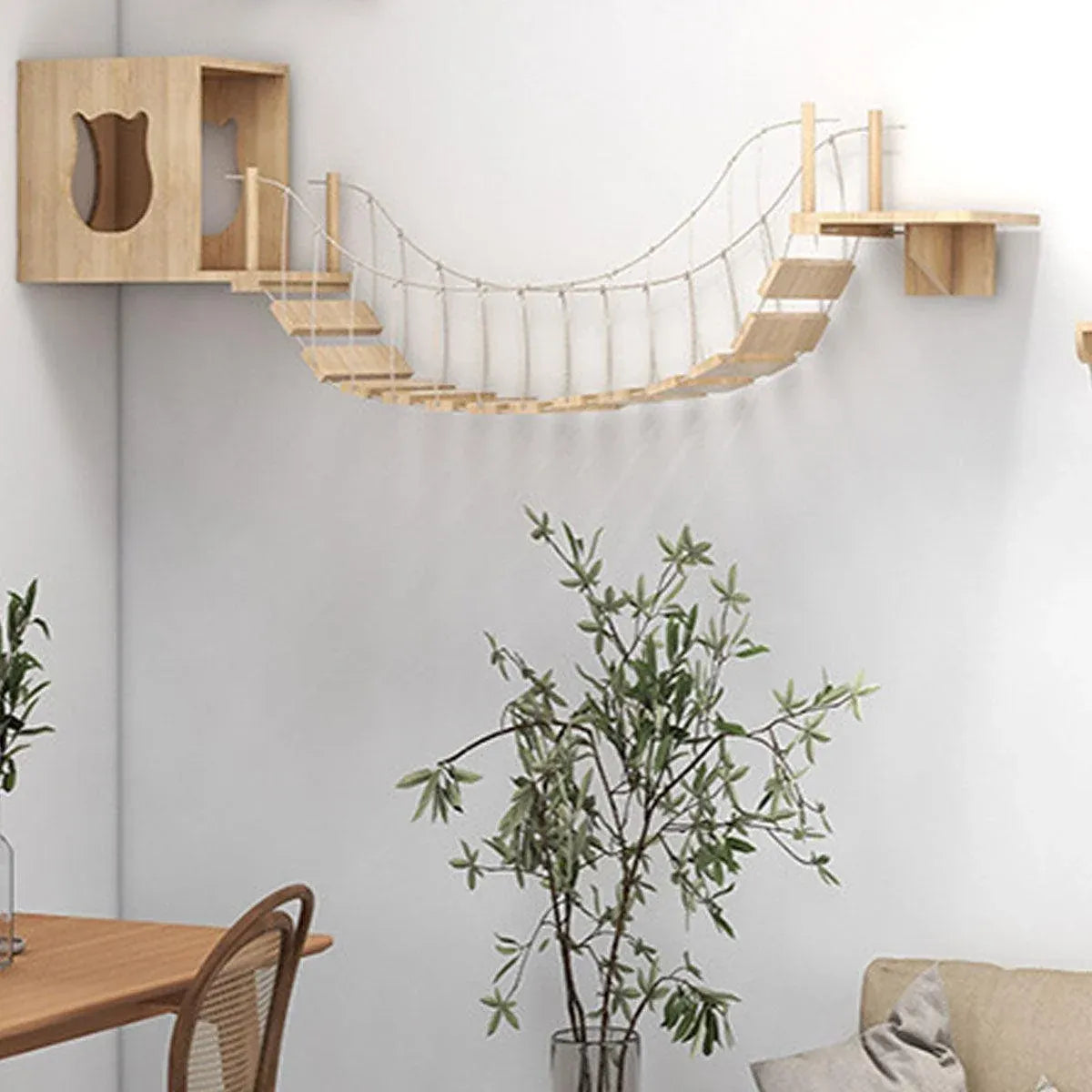 Wall-Mounted Wooden Cat Climbing Set with Bridge & Hideout