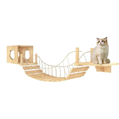 Wall-Mounted Wooden Cat Climbing Set with Bridge & Hideout