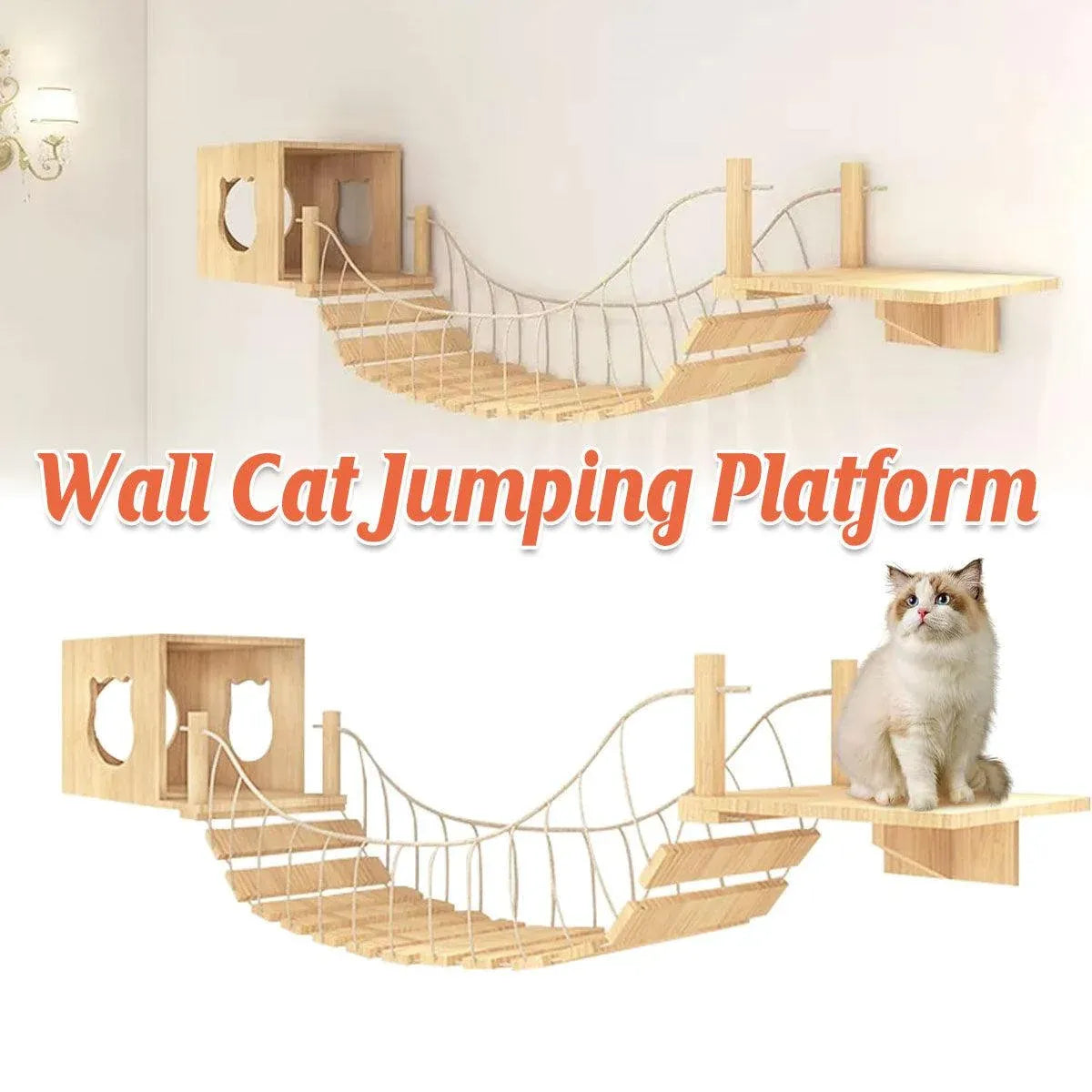 Wall-Mounted Wooden Cat Climbing Set with Bridge & Hideout