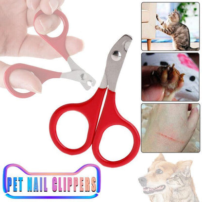 Pet nail clippers with a collage of images showing their use on pets and a close-up of a scratched hand.