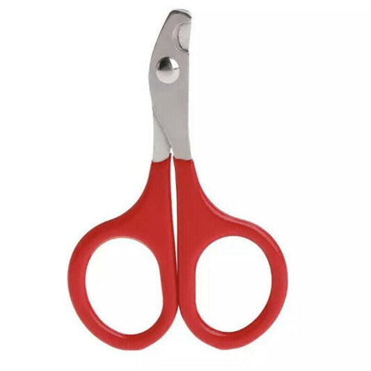 Red-handled cat nail scissors with silver blades on a white background
