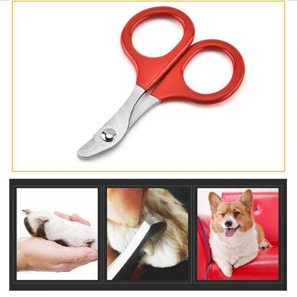 Red pet nail clippers with images of pets and grooming actions below on a white background.