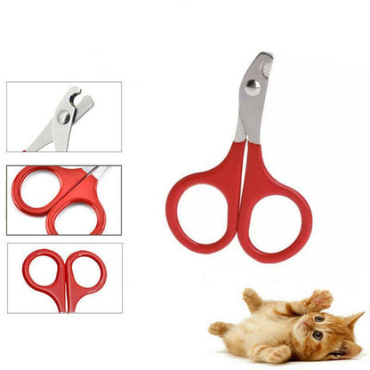 Red pet nail clippers with a inset showing close-up details and a cat on a white background.