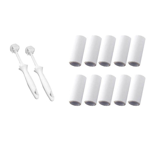 Two white lint roller holders with multiple refill heads on a white background
