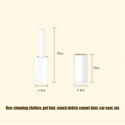 White lint roller with dimensions on a beige background