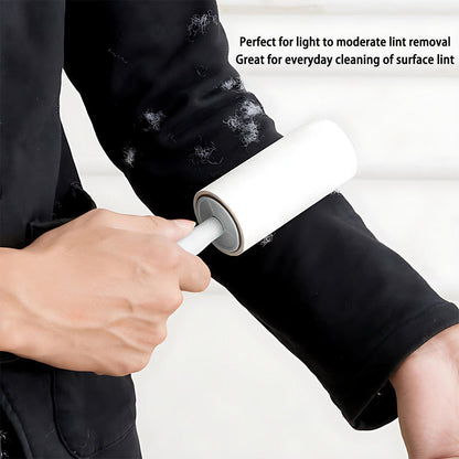 Person using a lint roller on a black shirt with text about its use.