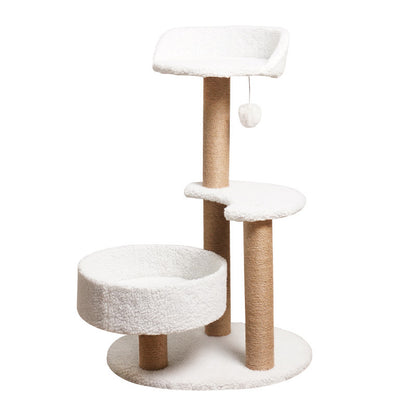 Cat tree with white cushioned platforms and brown scratching posts on a white background