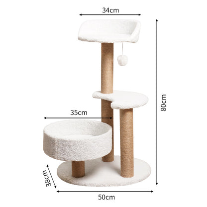 Cat tree with dimensions labeled on a white background