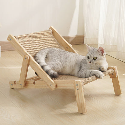 Cat lounging on a wooden and wicker cat bed in a bright room.