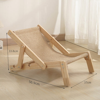 Wooden cat adjustable deck chair with dimensions on a light wooden floor.