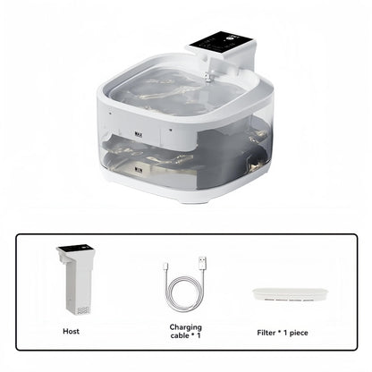White water fountain with clear lid on a white background, accompanied by icons of host, charging cable, and filter