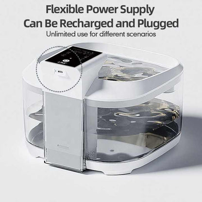 Water fountain with flexible power supply device with charging port on a white background