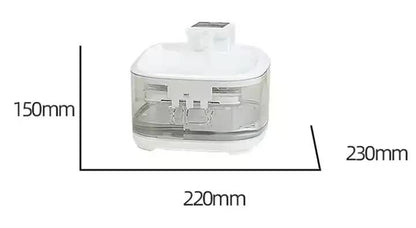 Cat water fountain with dimensions labelled.