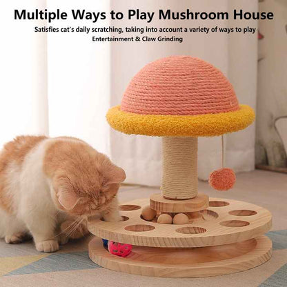 Cat playing with a wooden mushroom-shaped pet toy.