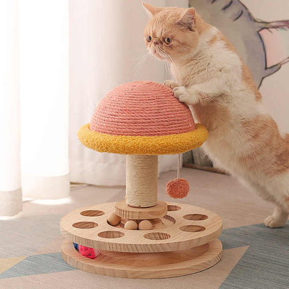 Cat playing with a wooden cat toy resembling a mushroom with ball toys