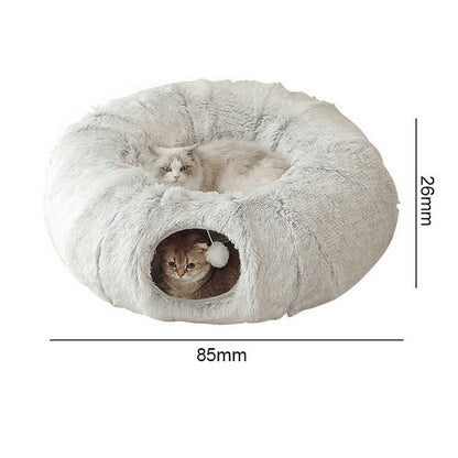 Fluffy grey pet bed tunnel with two cats inside, showing dimensions on a white background