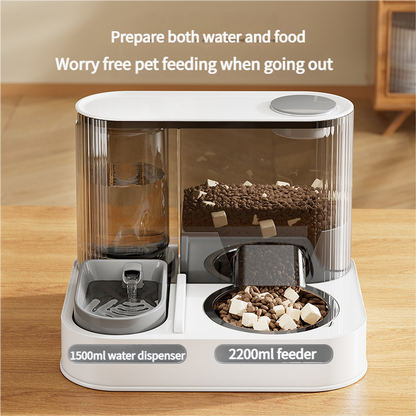 Pet feeder and water dispenser on a wooden surface with text indicating its features.