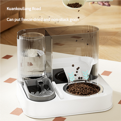 Pet feeding station with water dispenser and food bowl on a wooden floor.