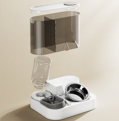White pet feeding station with transparent water container on a beige background