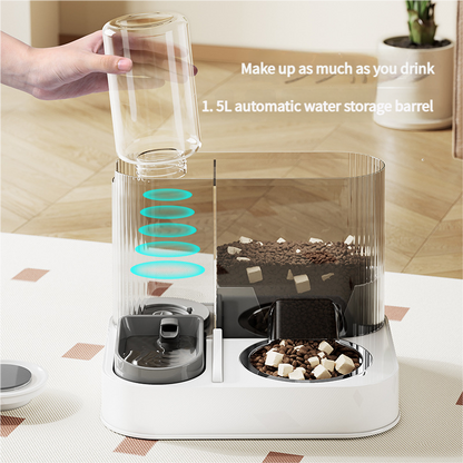 Pet water and food dispenser with a 1.5L automatic water storage barrel on a wooden floor.