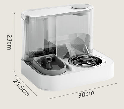 Pet feeder with dimensions labeled on a beige background