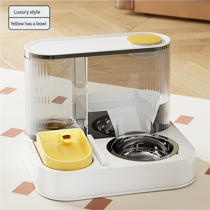 Pet feeding and water station with yellow accents on a wooden floor.