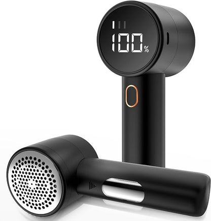 Black handheld electric pet hair remover with digital display on a white background