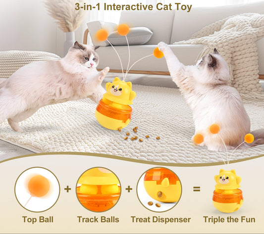Two cats playing with a 3-in-1 interactive cat toy on a carpeted floor.