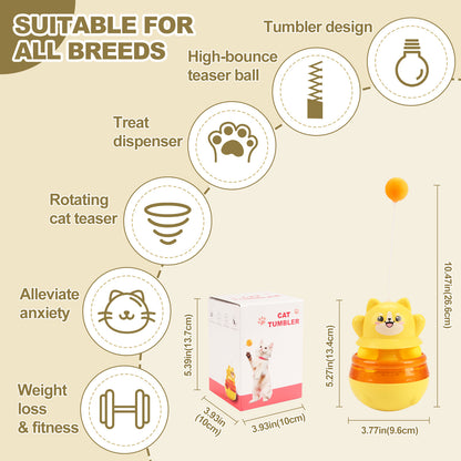Cat tumbler toy with features including high bounce teaser ball, treat dispenser, rotating cat teaser, alleviates anxiety, assists in weight loss and fitness, and dimensions on a beige background