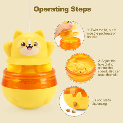 Yellow cat toy with cartoon face and operating steps on a beige background