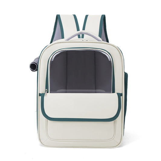 Beige And Green Spacious Pet Carrier Backpack with Clear Window - Comfortable Travel Bag for Cats & Small Dogs