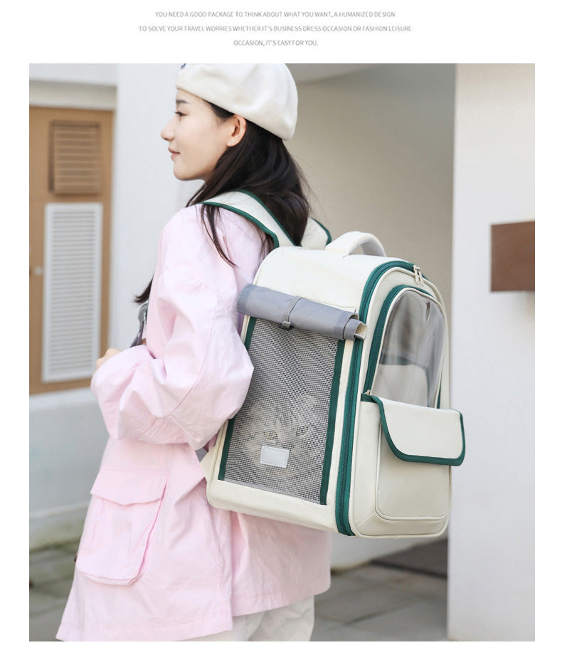 Beige And Green Spacious Pet Carrier Backpack with Clear Window - Comfortable Travel Bag for Cats & Small Dogs