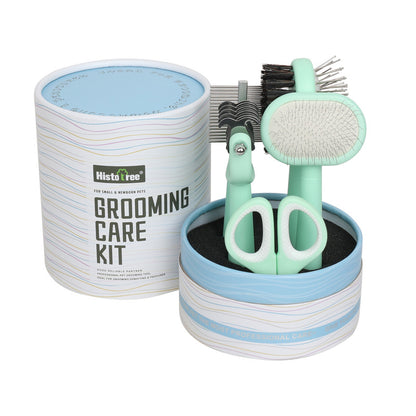 Cat grooming care kit with green coloured tools and a container labelled 'Historic Tree' on a white background.