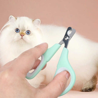 Pet nail clipper held by a hand with a white cat in the background