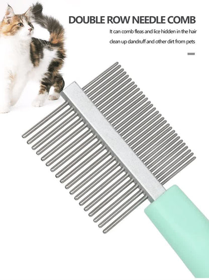Pet grooming comb with a cat in the background on a white background