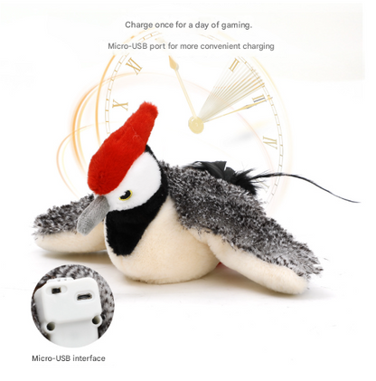 Plush bird toy with a red hat and feather details, featuring text about charging options on a white background.