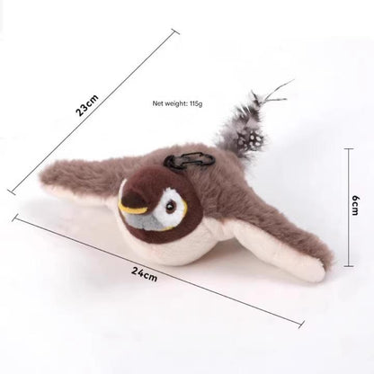 Plush bird toy with measurements and weight on a white background