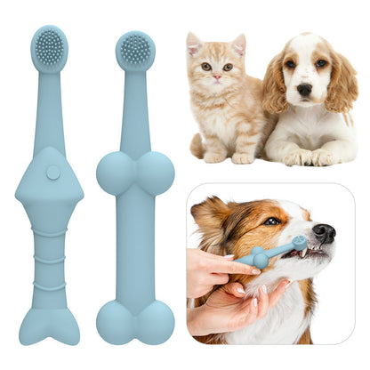 Two blue pet toothbrushes with images of a cat, dog, and person using the toothbrush
