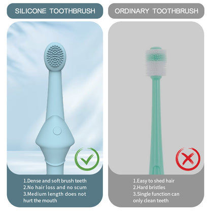 Comparison of pet silicone toothbrush and ordinary toothbrush with text on their benefits and drawbacks.