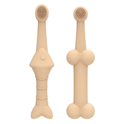 Two beige cat toothbrushes on a white background