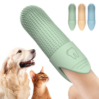 Green pet toothbrush with a dog and cat on a white background